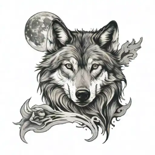 Wolf With Crescent Moon Surrounded