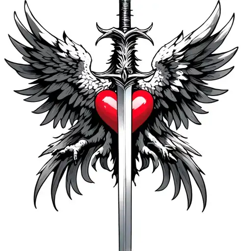 Phoenix With Open Wings Holding A Sword With A Heart Crossed In The Blackwork Style