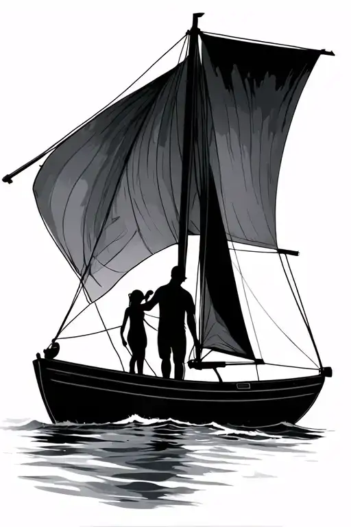 Father And Daughter On A Small Sail Boat Sailing