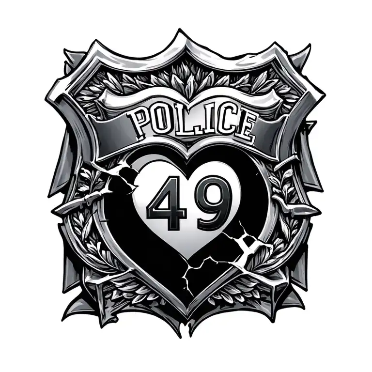Broken Police Badge Inside A Heart With Number 49