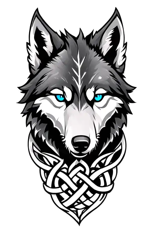 Wolf With Blue Eyes On Armor Tattoo Design Featuring Celtic Trinity Knot