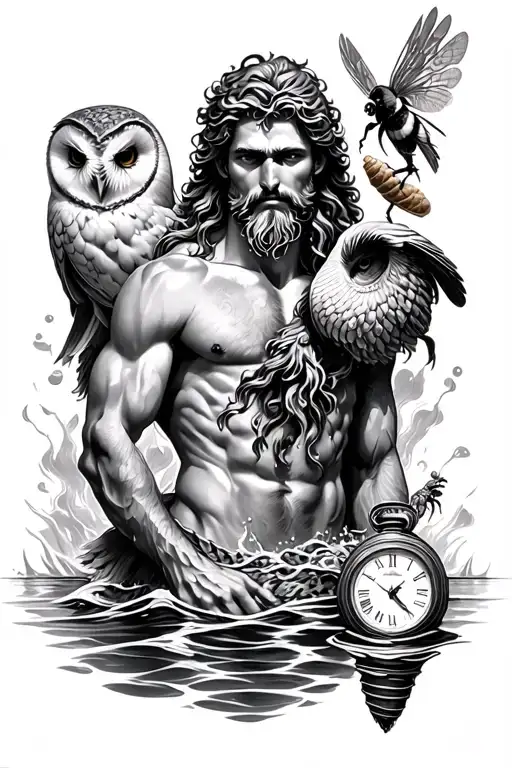 Poseidon With Water Around Him With A Barn Owl And A Clock And Honey Cone From Bees