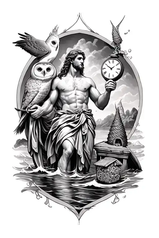 Poseidon With Water Around Him With A Barn Owl And A Clock And Honey Cone