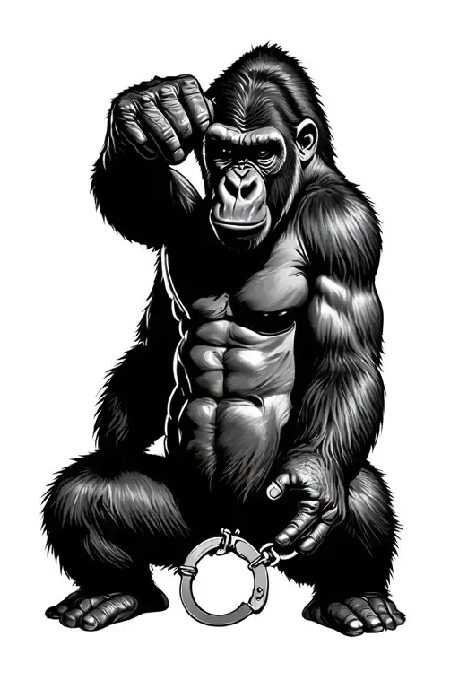 Agressive Gorilla With Handcuffs On