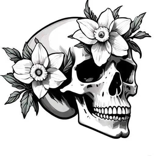 Daffodil Larkspur Flowers Intertwined Growing Out Of A Skull