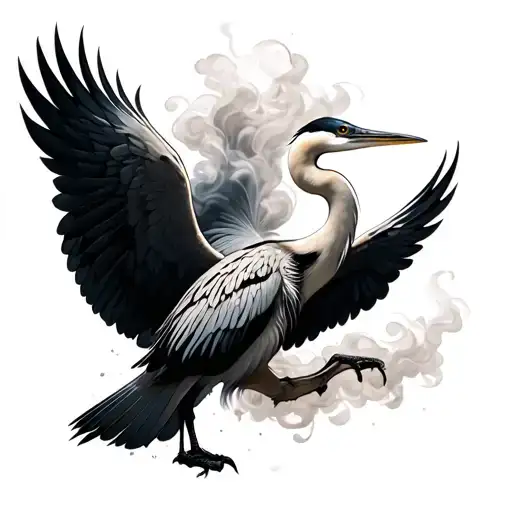 Heron With Open Wing Turning Into Smoke