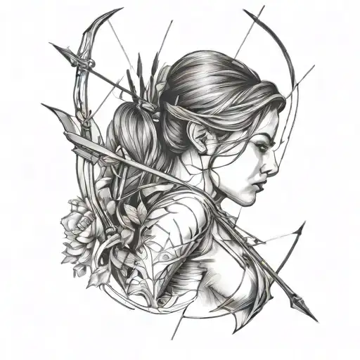 Fine Line Tattoo Featuring The Outline Of Woman With Bow And Arrow