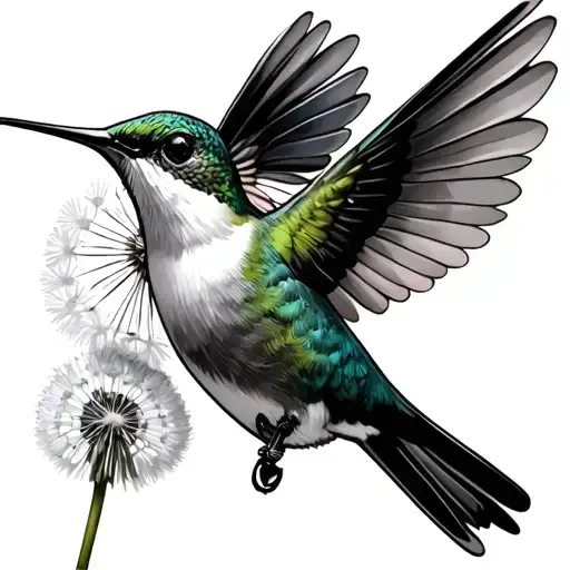 Hummingbird Holding A Dandelion In Its Mouth Open