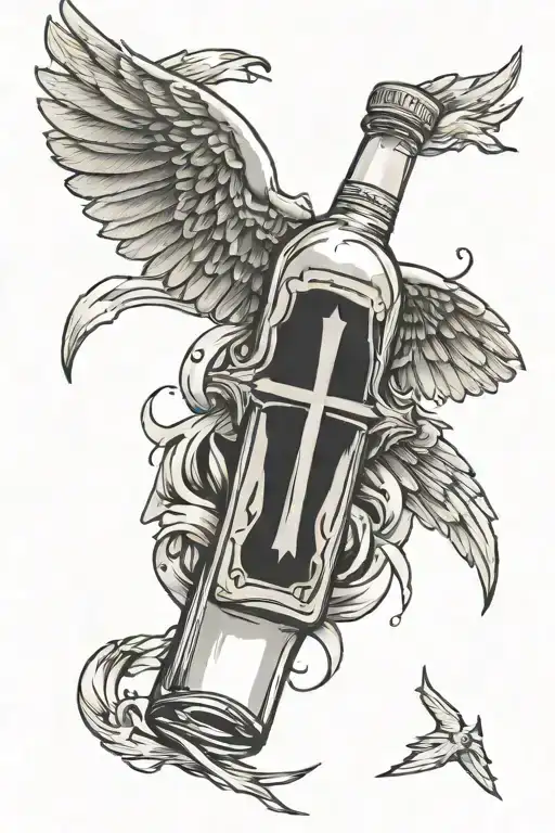 Cross Tattoo Featuring A Broken Alcohol Bottle And Freedom Flag With Angle Wings