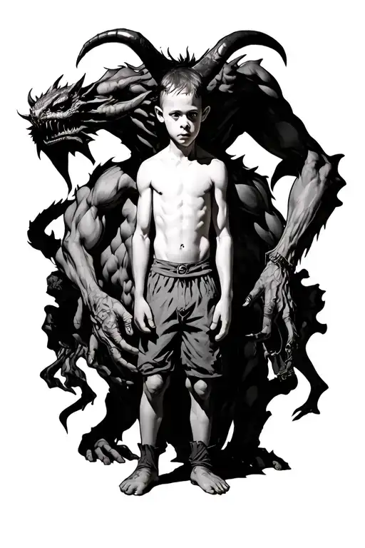 A Young Faceless Boy Standing With A Demon Behind Him Towering Over Him And Wrapped Around Him