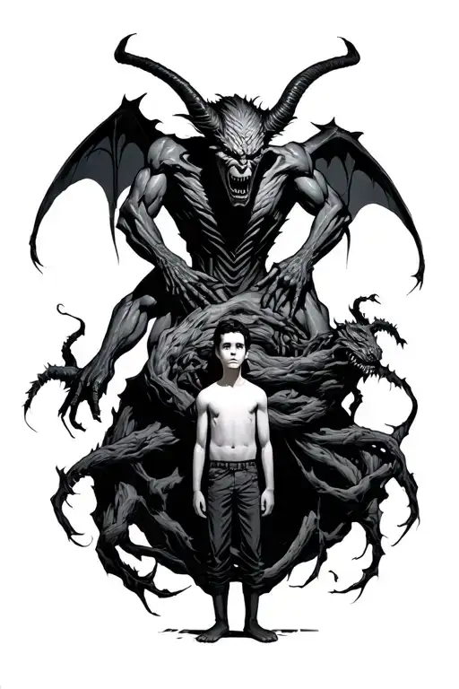 A Young Faceless Boy Standing With A Demon Behind Him Towering Over Him And Wrapped Around Him