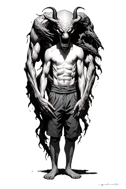 A Faceless Boy Standing With A Demon Towering Over Him And Wrapped Around Him