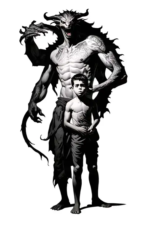 A Boy Standing With A Demon Towering Over Him And Wrapped Around Him