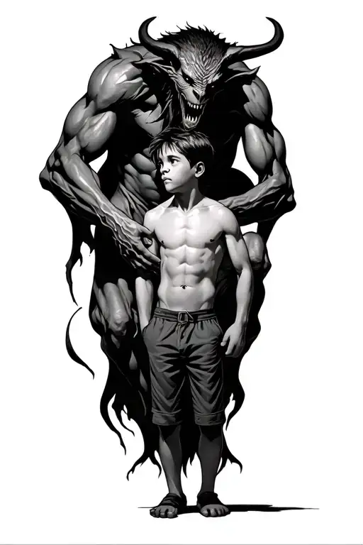 A Boy Standing With A Demon Towering Over Him And Wrapped Around Him