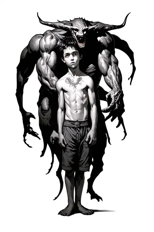 A Boy Standing With A Demon Towering Over Him And Wrapped Around Him
