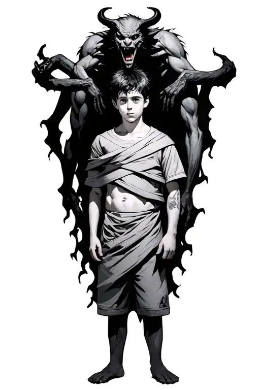 A Boy Standing With A Demon Behind Wrapped Around Him