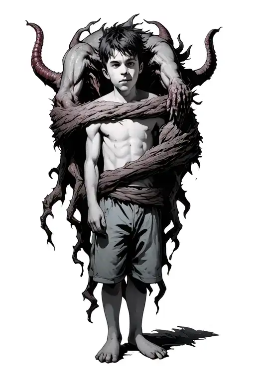 A Boy Standing With A Scary Demon Behind Wrapped Around Him