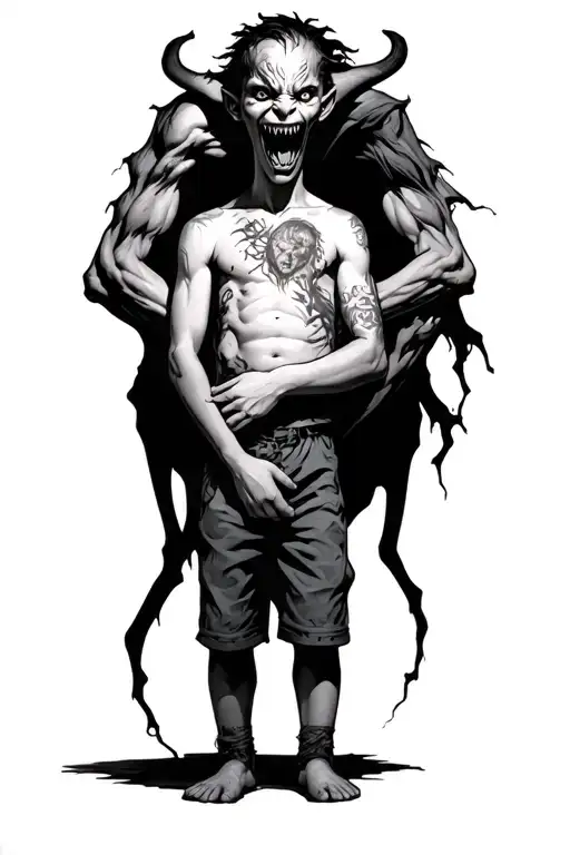 A Boy Standing With A Scary Demon Behind Wrapped Around Him