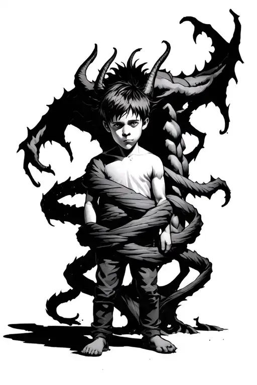 A Boy Standing With A Scary Demon Behind Wrapped Around Him