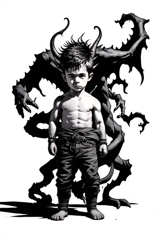 A Boy Standing With A Scary Demon Behind Wrapped Around Him