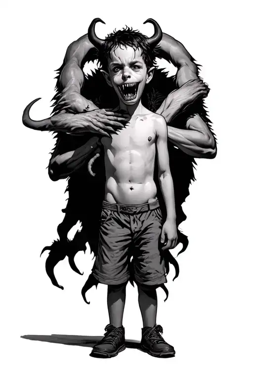 A Boy Standing With A Scary Demon Behind Wrapped Around Him