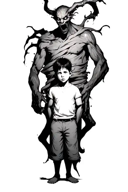 A Boy Standing With A Scary Demon Towering Behind Wrapped Around Him
