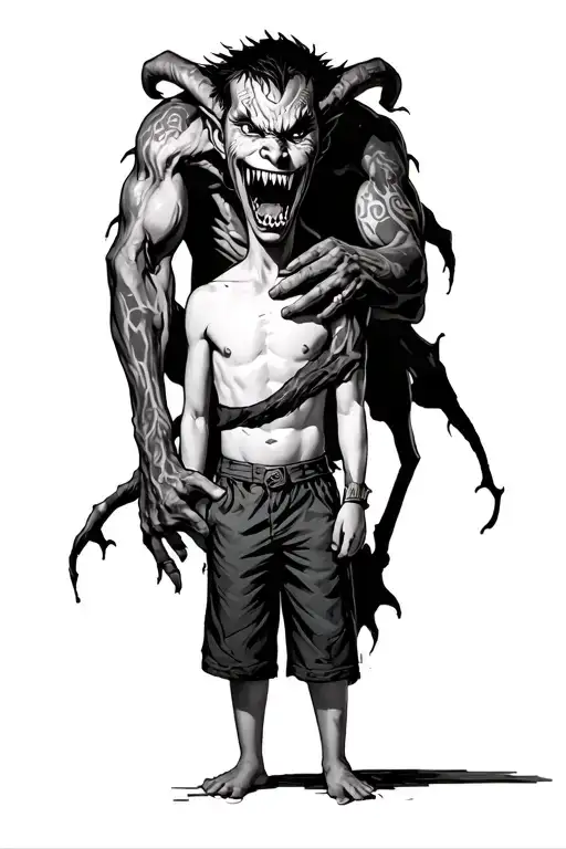 A Boy Standing With A Scary Demon Towering Behind Wrapped Around Him