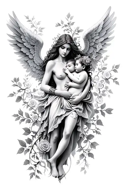 Warrior Angel Woman Holding A Baby With Roses And Vines