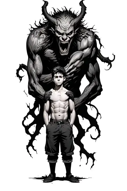 A Boy Standing With A Scary Demon Towering Behind Wrapped Around Him