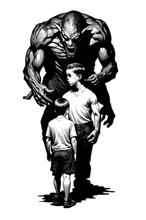 A Young Boy Standing And Morphing Into An Adult With A Scary Demon Towering Behind Grabbing Him
