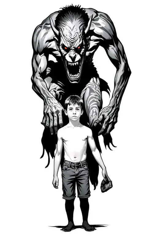 A Young Boy Standing And Morphing Into An Adult With A Scary Demon Towering Behind Grabbing Him
