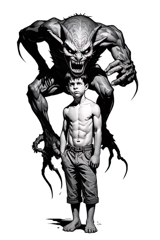 A Young Boy Standing With A Scary Demon Towering Behind Grabbing Him