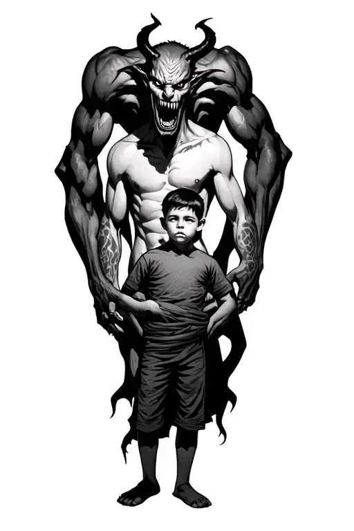 A Young Boy Standing With A Scary Demon Towering Behind Wrapped Around His Body