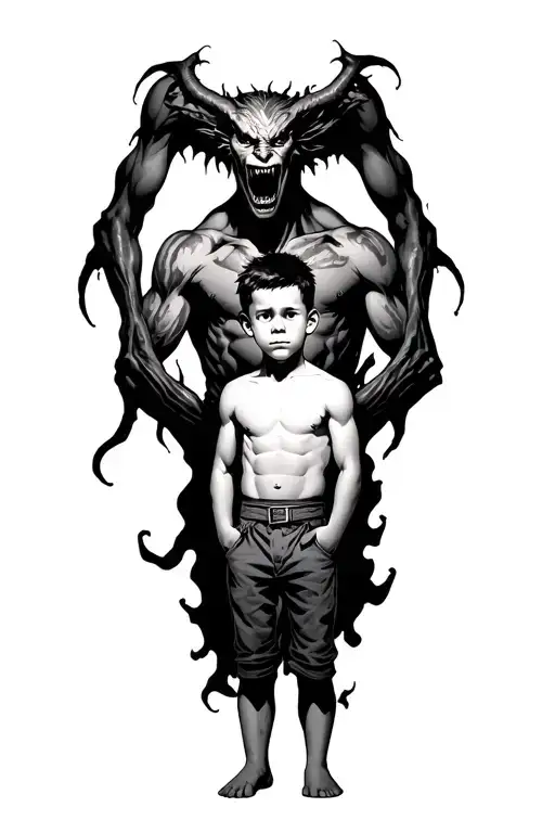 A Young Boy Standing With A Scary Demon Towering Behind Wrapped Around His Body