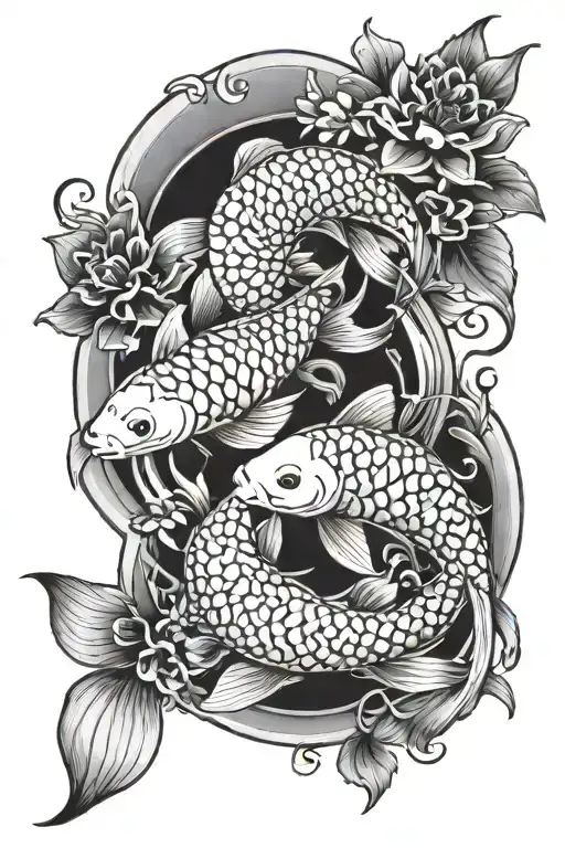 2 Koi Fish And Flowers Intertwined