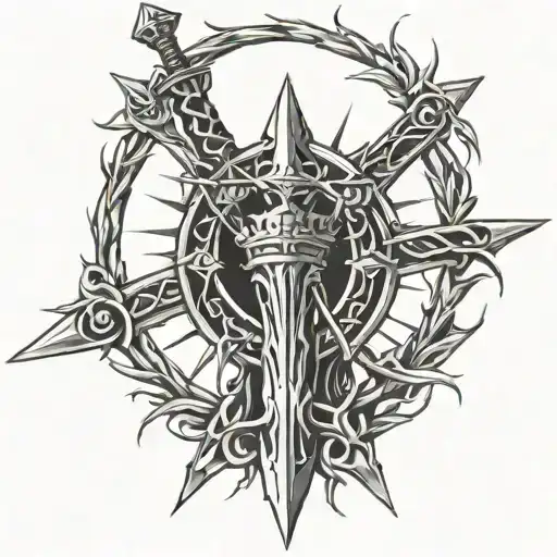 A Flaming Sword With Crown Of Thorns Intertwined