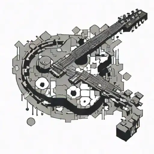 A Guitar Made Out Of Pixelated Footballs With Anime Characters Playing On The Strings