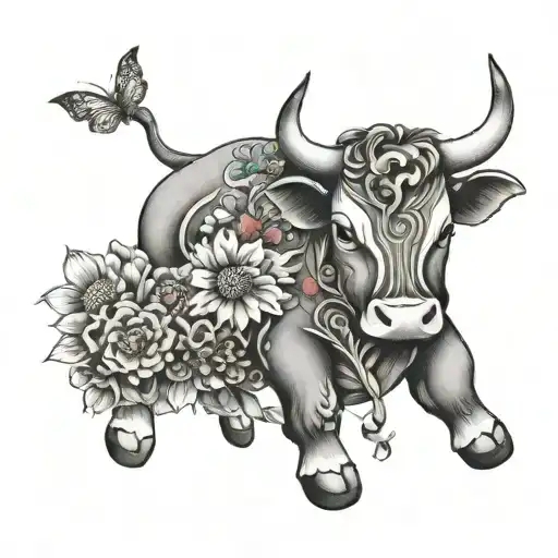 Colourful Bed Of Flowers Under A Baby Bull