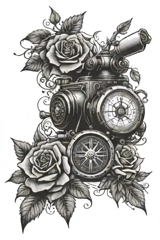 Tank And Roses And Guns And A Compass Surrounded By Vines