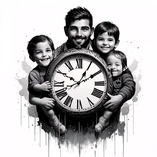 Clock With Father And Two Kids Hand
