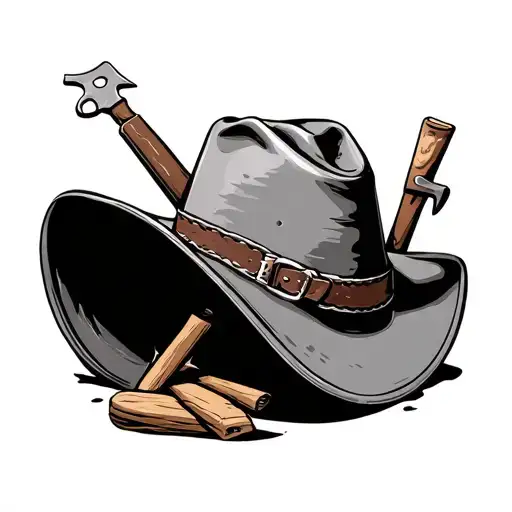 I Want A 5 Gallon Bucket Upside Down With A Old Used Cowboy Hat On It With Tools Around It