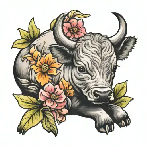 A Baby Bull Sitting On His Bum In A Bed Of Colourful Flowers
