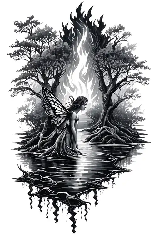 Mysterious Fairy Forest Tress Water Fire