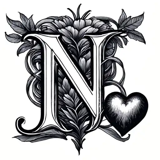 N And J Initial Combined With Heart Tattoo Design