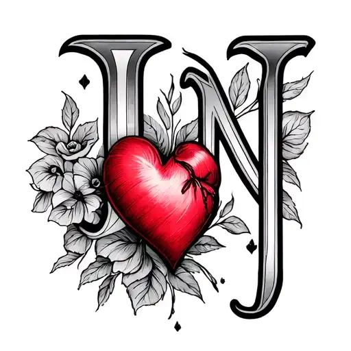J And N Initial Combined With Heart Tattoo Design