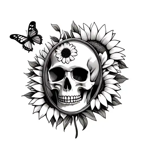 Skull With A Butterfly On Forehead Surrounded By Sunflowers In A Antique Mirror