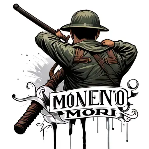 Back View Of Vietnam American Army Soldier Swinging Sword With Words Momento Mori