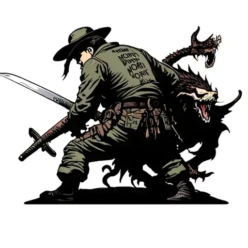 Back View Of Vietnam American Army Soldier Stabbing A Demon With A Sword With Words Momento Mori