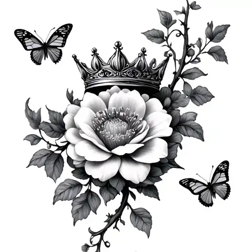 Flower On Vine With Crown And Butterflies