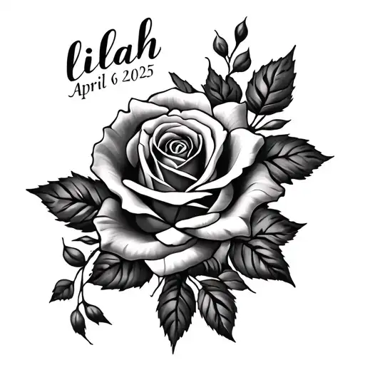 Chest Tattoo With The Name Lilah With Roses And The Date April 6Th 2025 Written In Roman Numerals